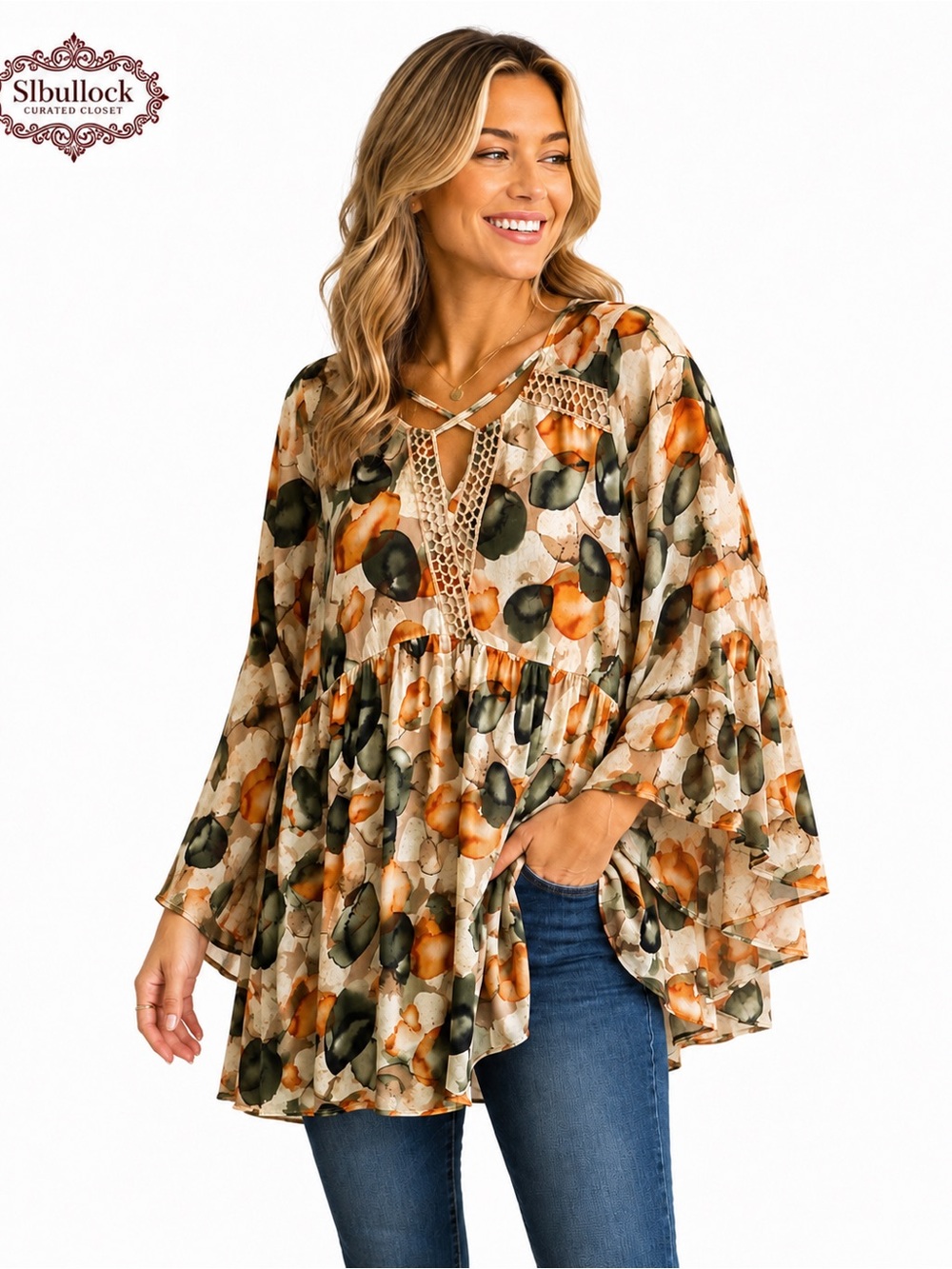 J6 JODIFUL Floral Crochet Detail Tunic Dress Size Large (Fits More Like Medium